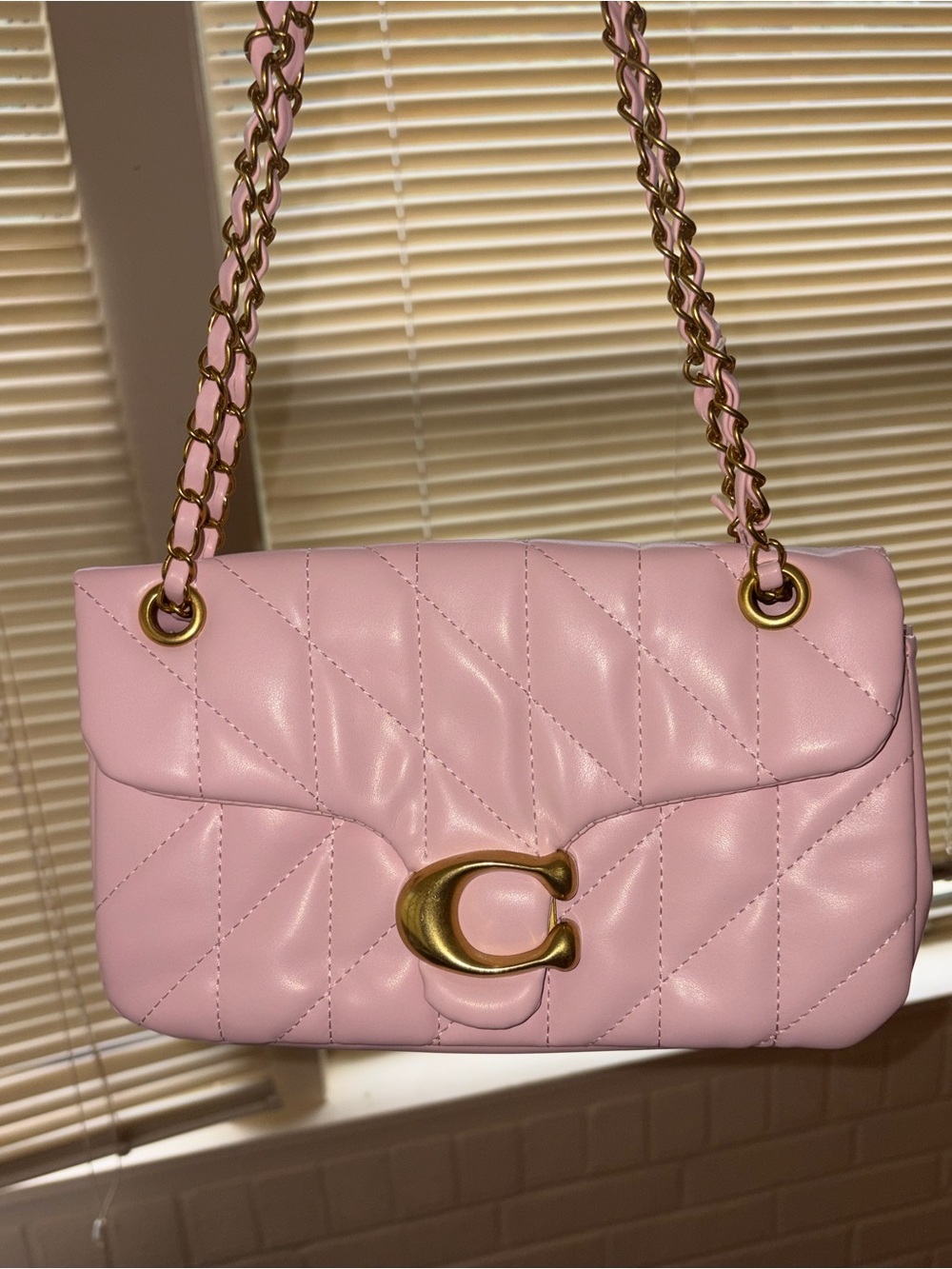Pink Quilted C Shoulder Bag with Gold Hardware